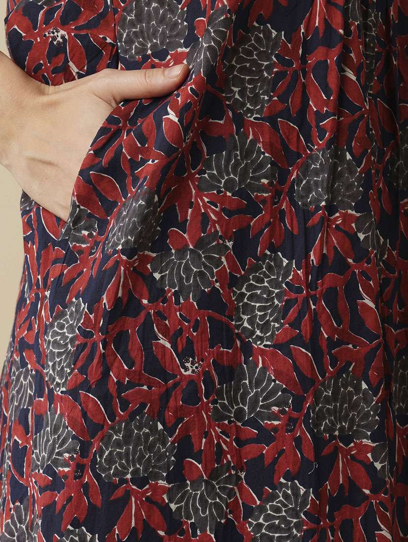 globus women blue floral printed halter neck flared hem a-line workwear kurta & trouser set - 21378956 -  Standard Image - 4