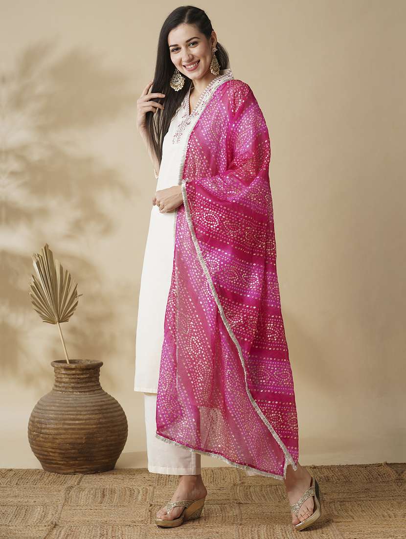 globus women off white embroidered v-neck kurta with pants & bandhani dupatta festive set - 21378960 -  Standard Image - 1