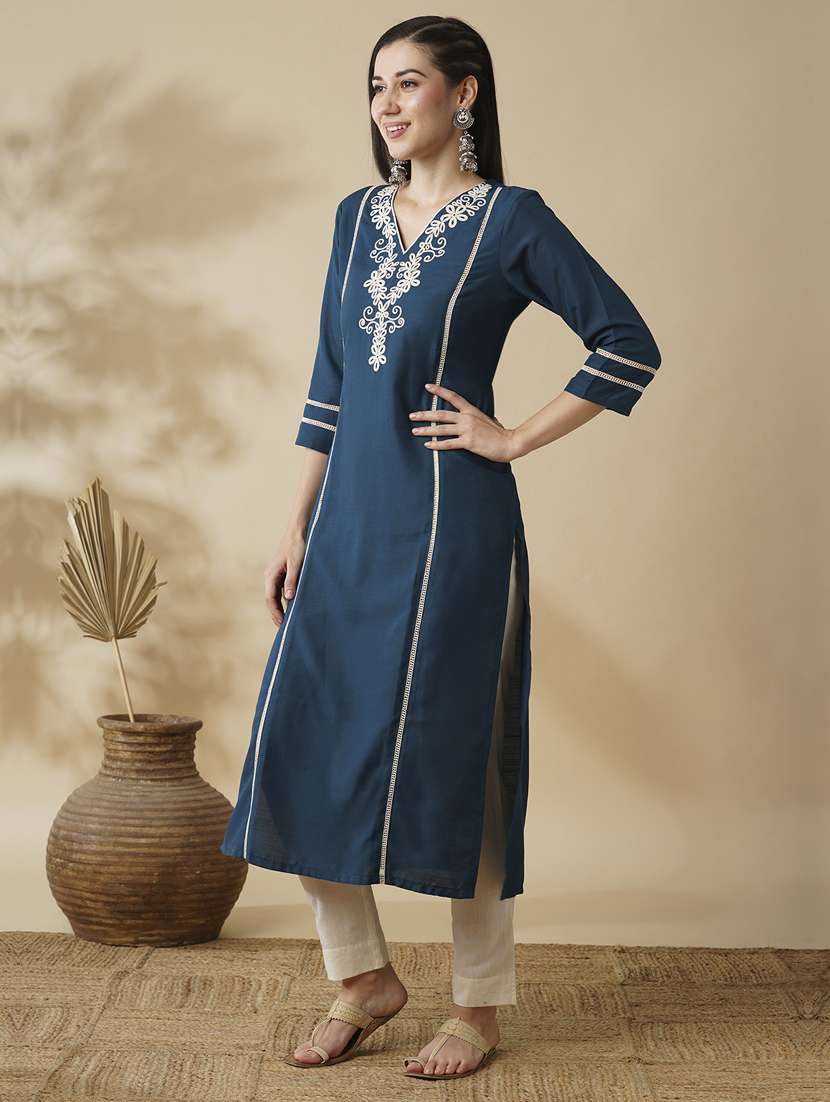 globus women blue v-neck embroidered yoke panelled lace insert straight workwear kurta - 21378964 -  Standard Image - 1