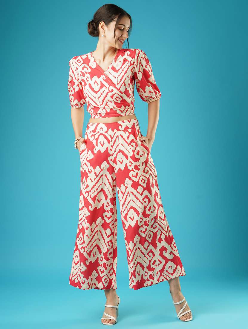 globus women red abstract print wrap tie-back top & palazzos co-ord set