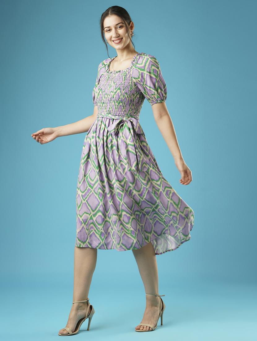 globus women lavender abstract print puff sleeves smocked pleated fit & flare midi dress with belt - 21378971 - Standard Image - 1