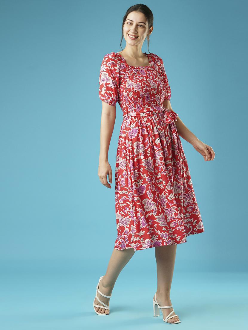 globus women red floral print square neck puff sleeves smocked pleated fit & flare belted midi dress - 21378972 - Standard Image - 1