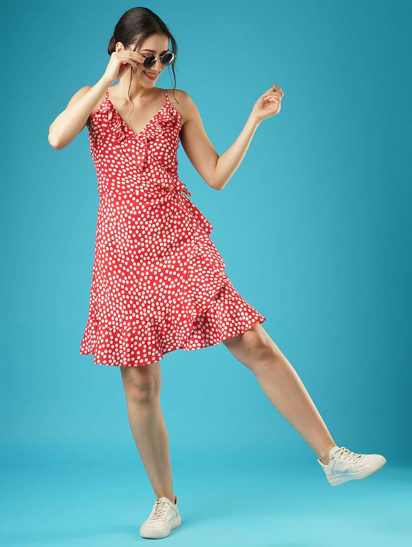 globus women red polka dots frilled wrap-neck strappy shoulder waist tie-up fit & flare dress - 21378973 - Standard Image - 1