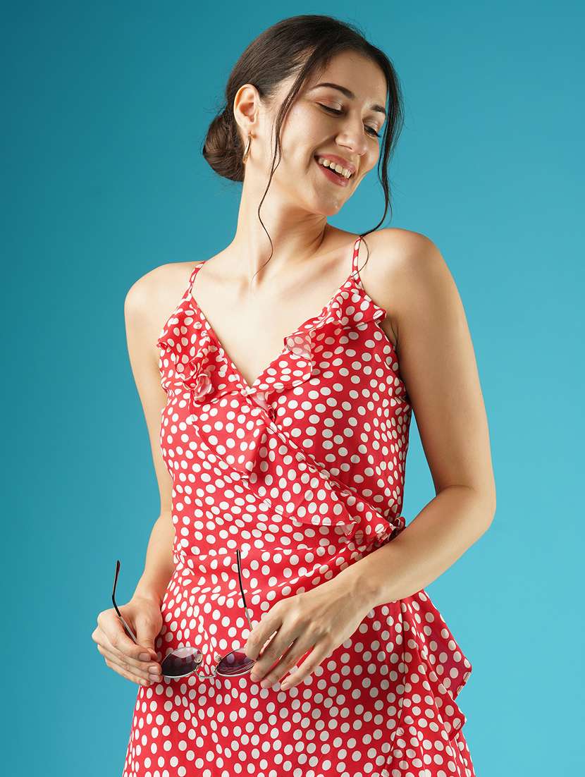 globus women red polka dots frilled wrap-neck strappy shoulder waist tie-up fit & flare dress - 21378973 - Standard Image - 4