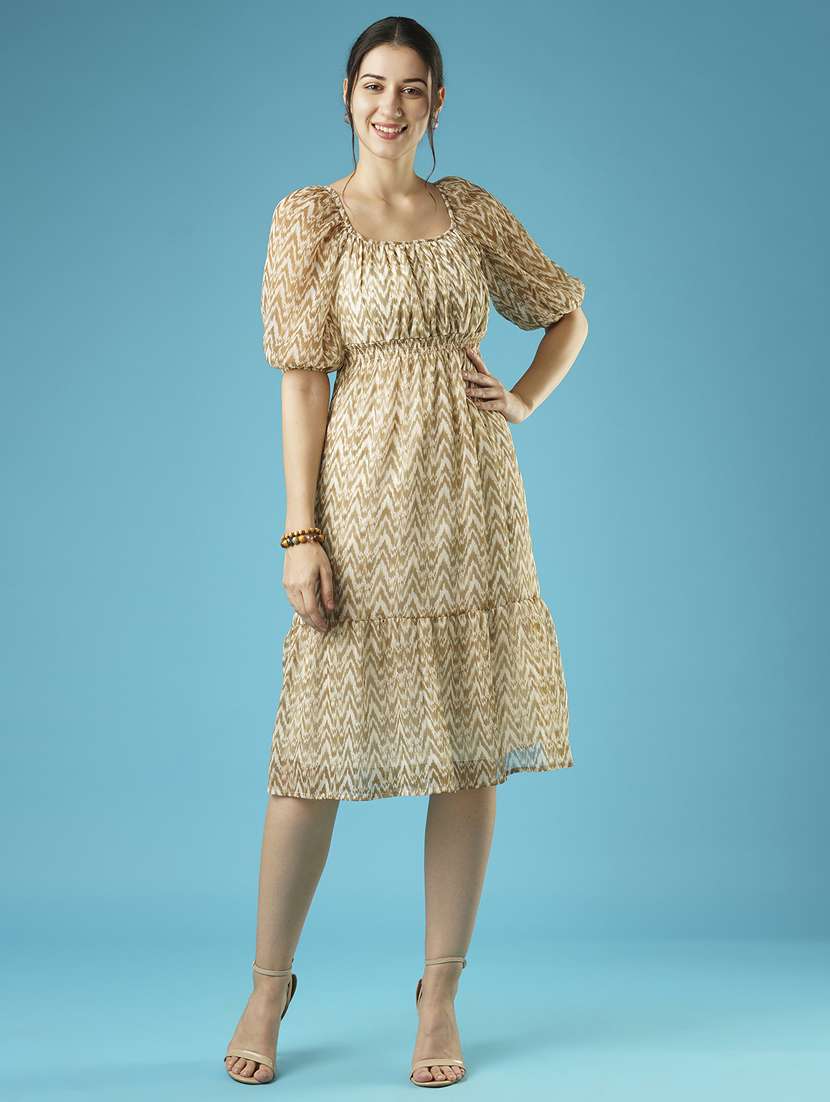 globus women beige chevron print square neck puff sleeves tie-up back smocked fit & flare midi dress