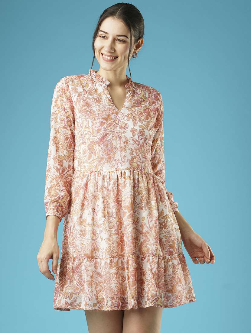 globus women white floral printed frilled mandarin collar with v cut gathered fit & flare dress