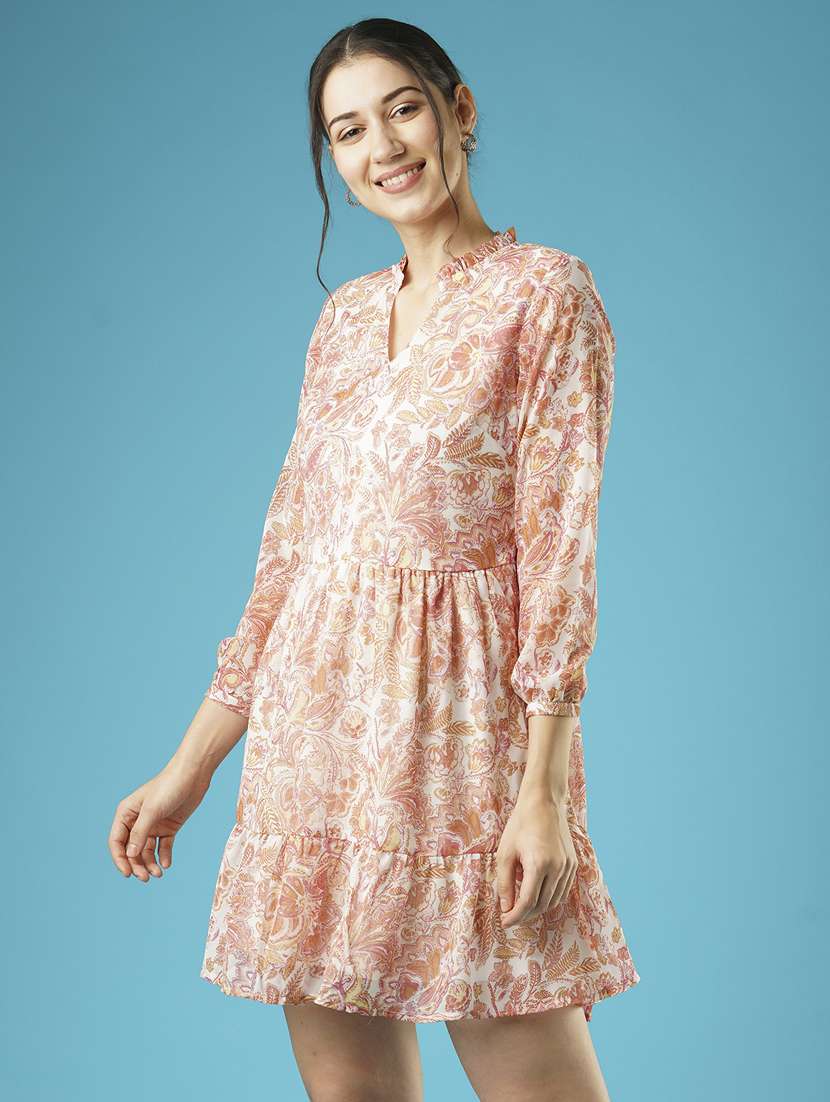 globus women white floral printed frilled mandarin collar with v cut gathered fit & flare dress - 21378977 - Standard Image - 1