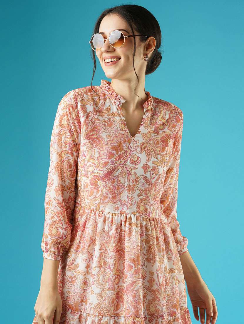 globus women white floral printed frilled mandarin collar with v cut gathered fit & flare dress - 21378977 - Standard Image - 4
