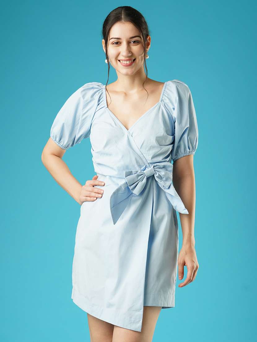 globus women blue wrap neck puff sleeves side pleated waist tie-up mini bodycon party dress - 21378983 - Zoom Image - 0