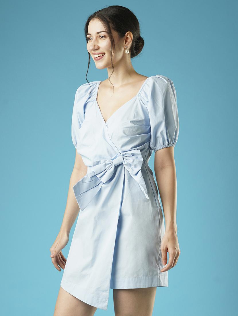 globus women blue wrap neck puff sleeves side pleated waist tie-up mini bodycon party dress - 21378983 - Standard Image - 1