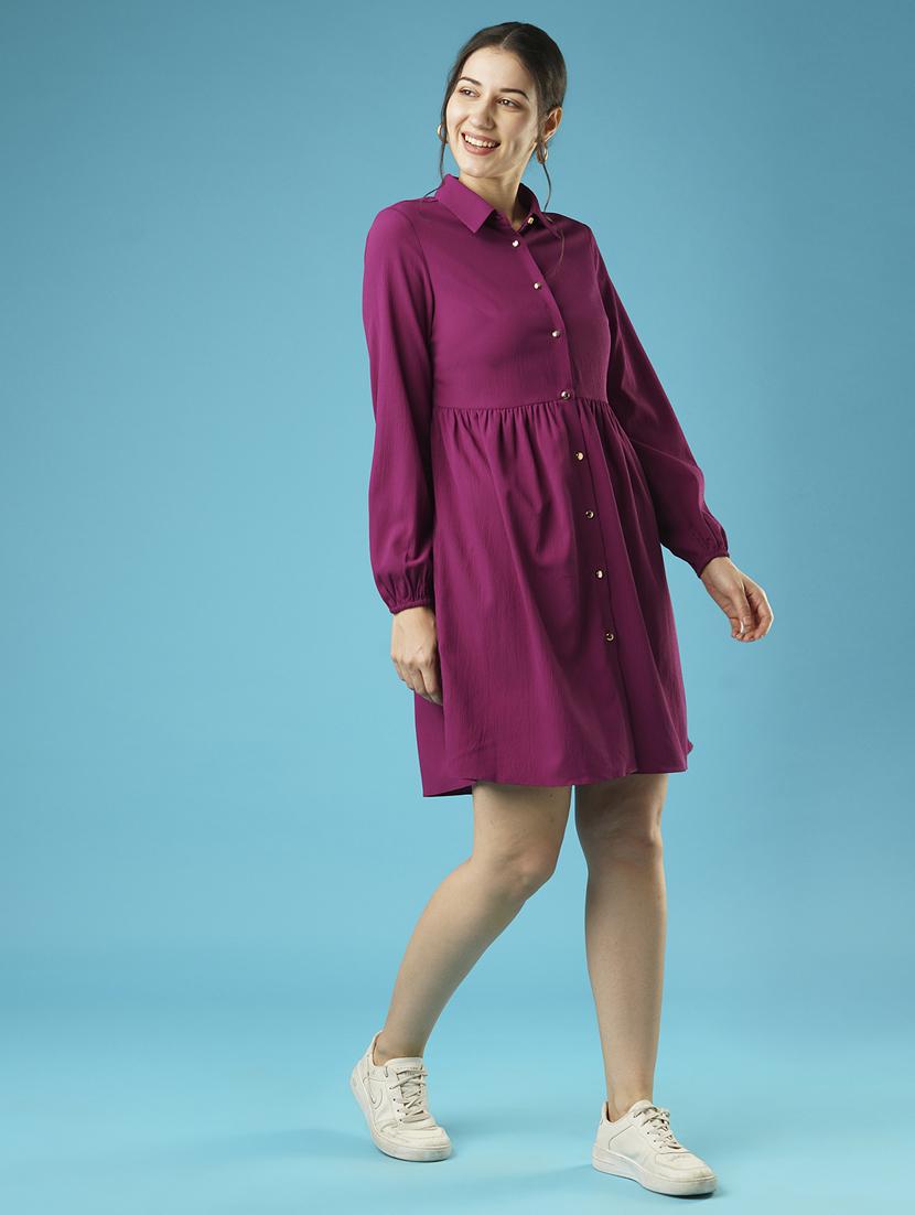 globus women purple bishop sleeves gathered flared hem above knee shirt style workwear dress - 21378984 - Standard Image - 1