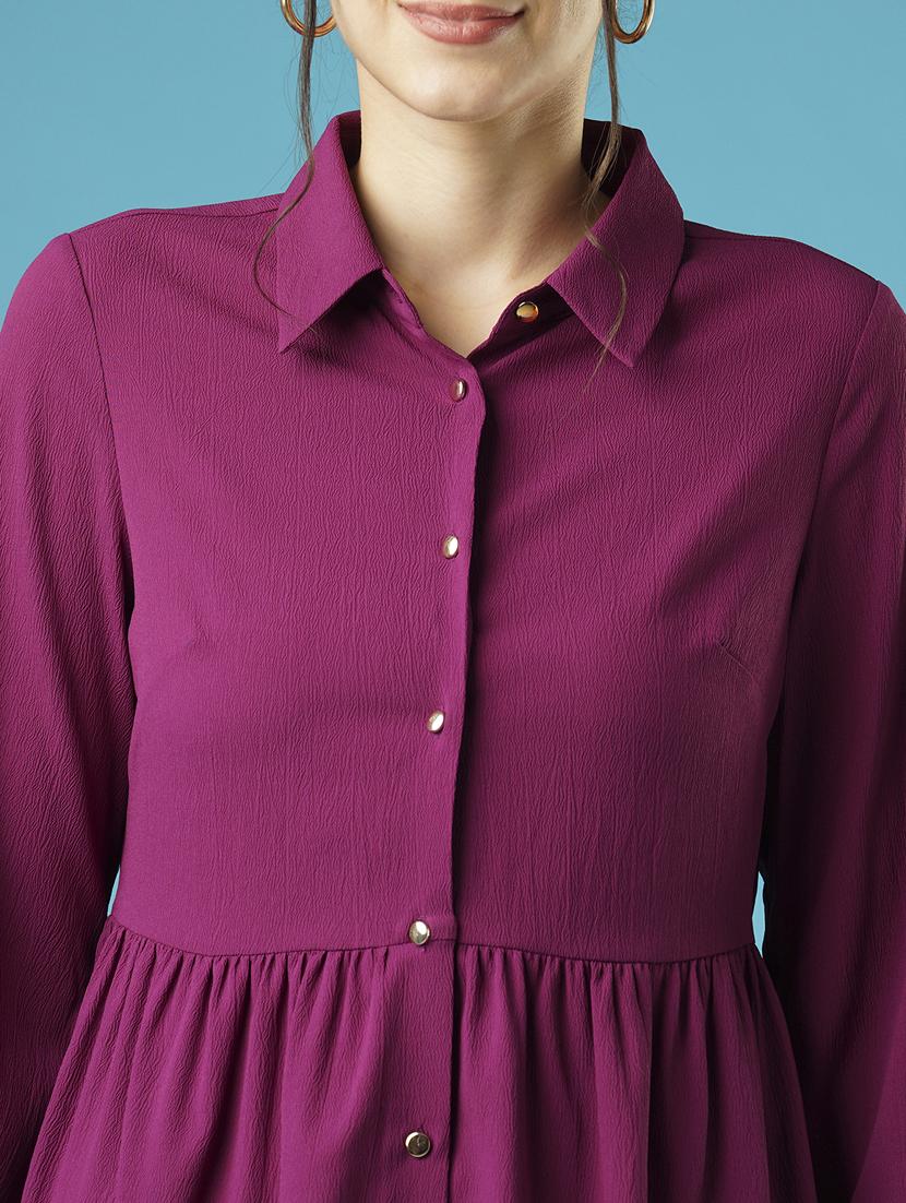 globus women purple bishop sleeves gathered flared hem above knee shirt style workwear dress - 21378984 - Standard Image - 4