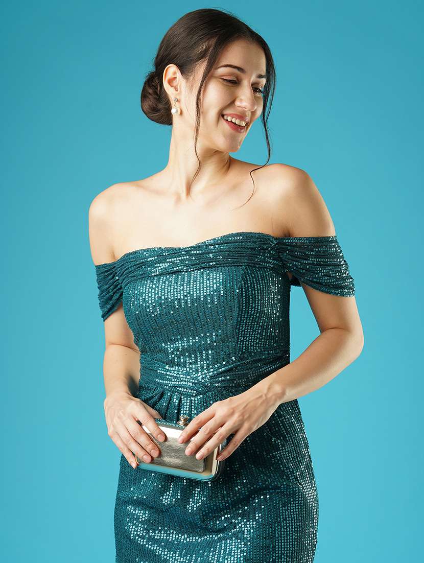 Globus Women Teal Sequinned Stripes Semi Sweetheart Off Shoulder Pleated Sheath Party Dress - 21378985 -  Standard Image - 4