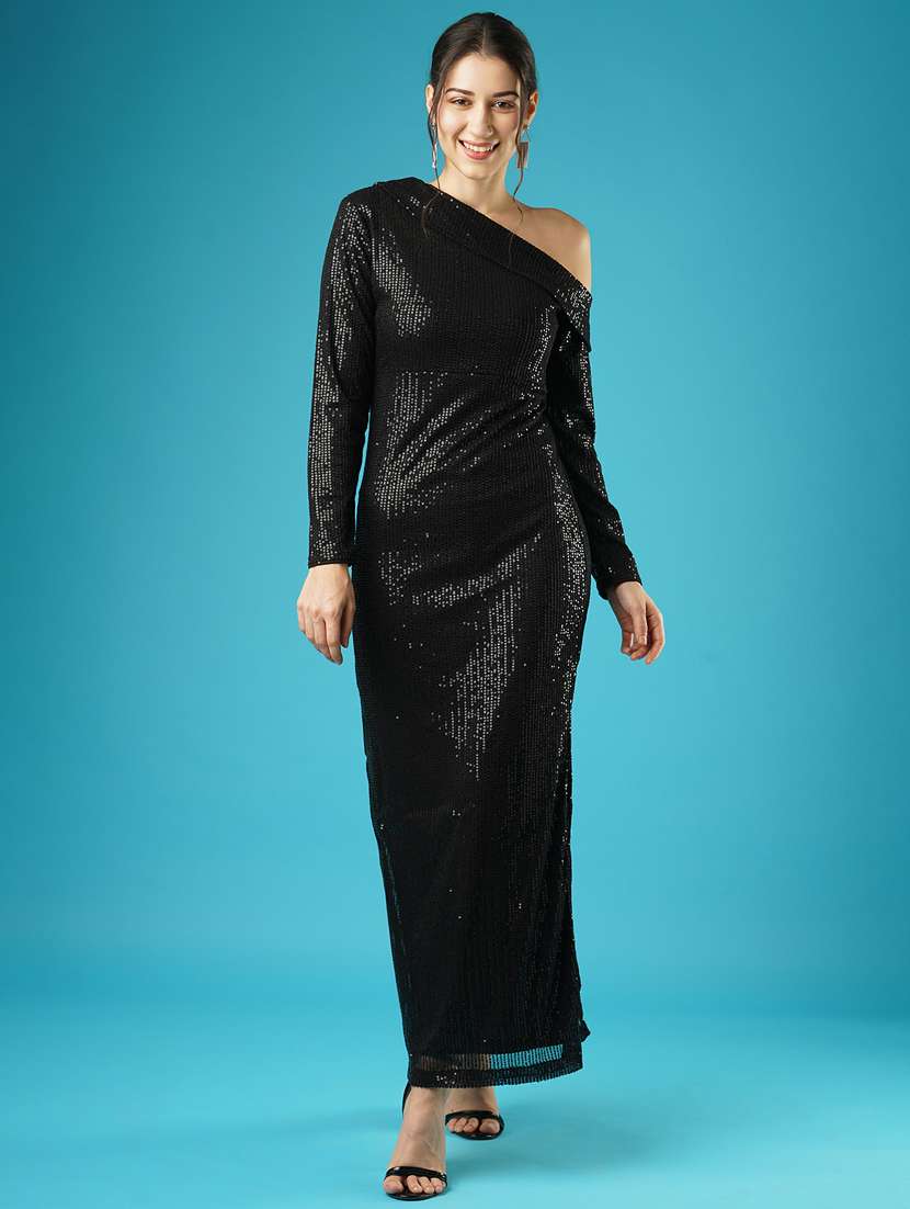globus women black sequinned stripes one shoulder long sleeves side slit sheath maxi party dress