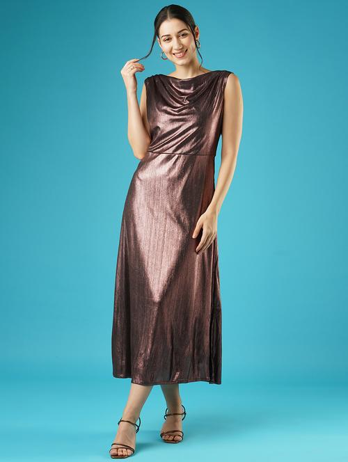 globus women rust shiny cowl neck side slit knitted a-line midi party dress - 21378991 -  Standard Image - 0