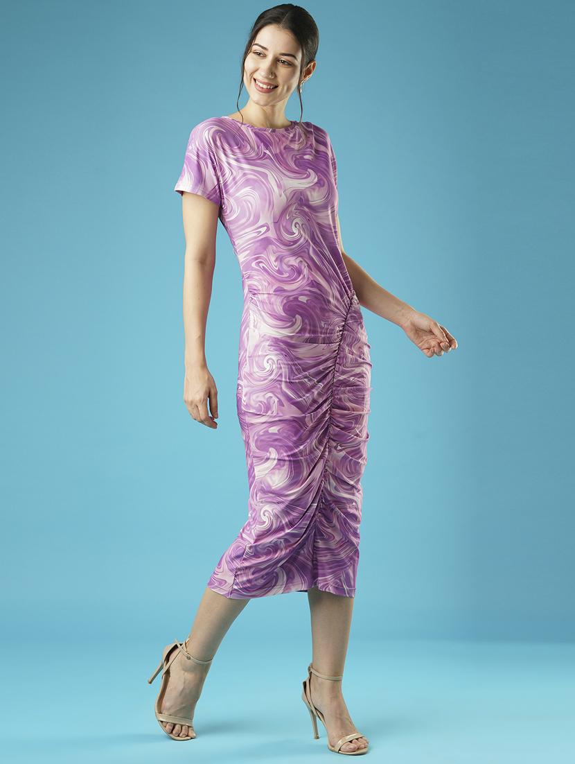 globus women lavender abstract printed round neck short sleeves ruched bodycon midi dress - 21378997 - Standard Image - 1