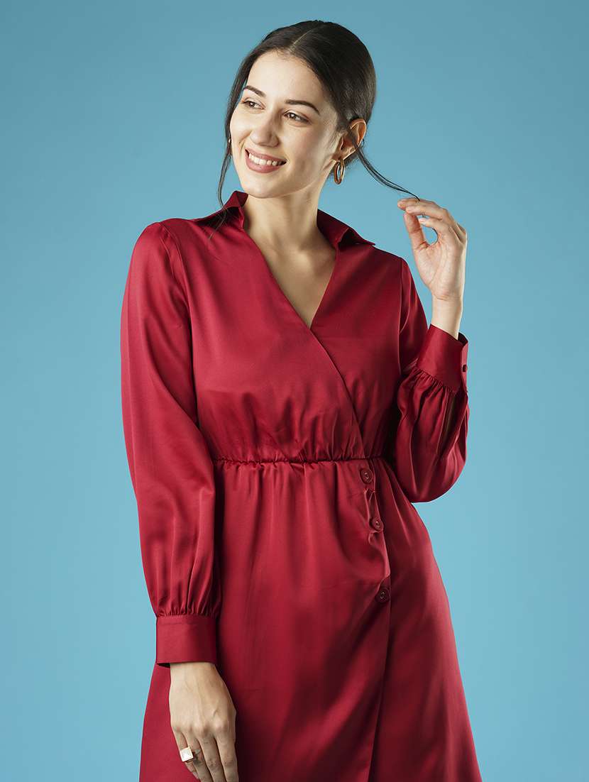 globus women maroon shirt collar with v cut cuffed sleeves gathered & button detail wrap party dress