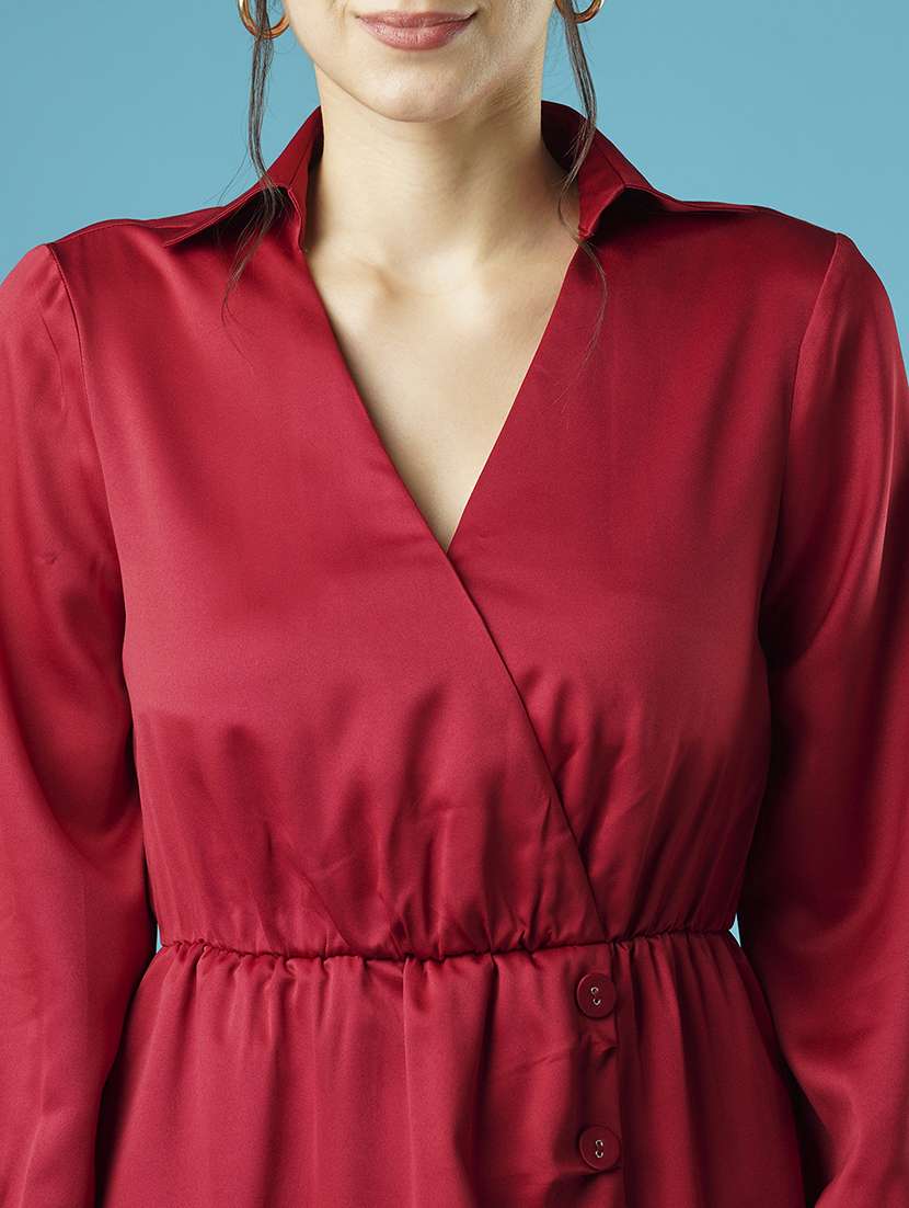 globus women maroon shirt collar with v cut cuffed sleeves gathered & button detail wrap party dress - 21379000 -  Standard Image - 4