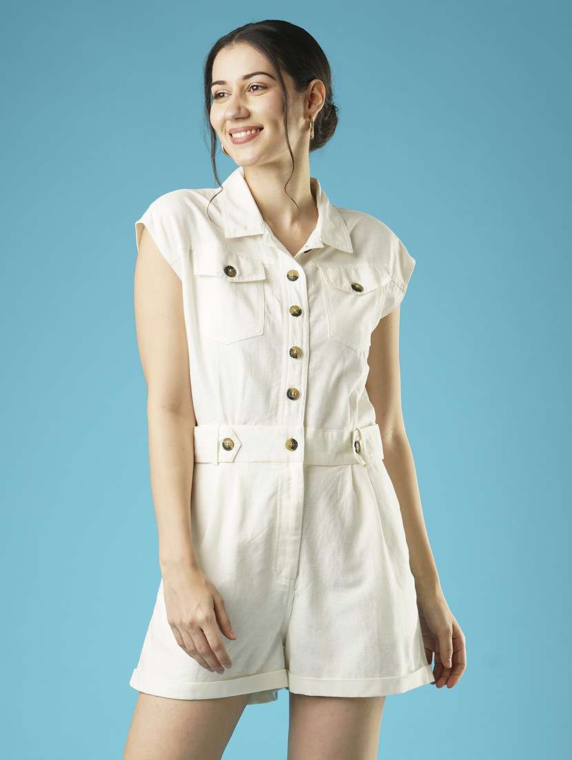 globus women white solid shirt collar stand extended sleeve playsuit
