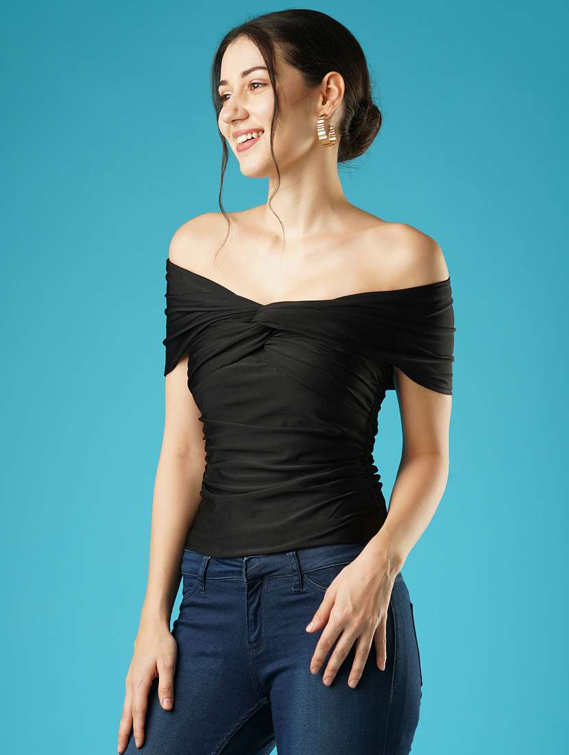 globus women solid black off-shoulder twisted neck drop shoulder party top - 21379004 -  Standard Image - 1