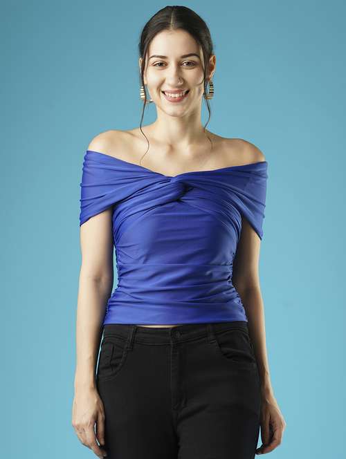 globus women solid blue off-shoulder twisted neck drop shoulder party top - 21379005 -  Standard Image - 0