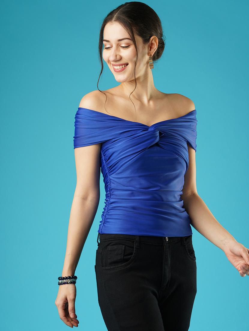 globus women solid blue off-shoulder twisted neck drop shoulder party top - 21379005 - Standard Image - 1