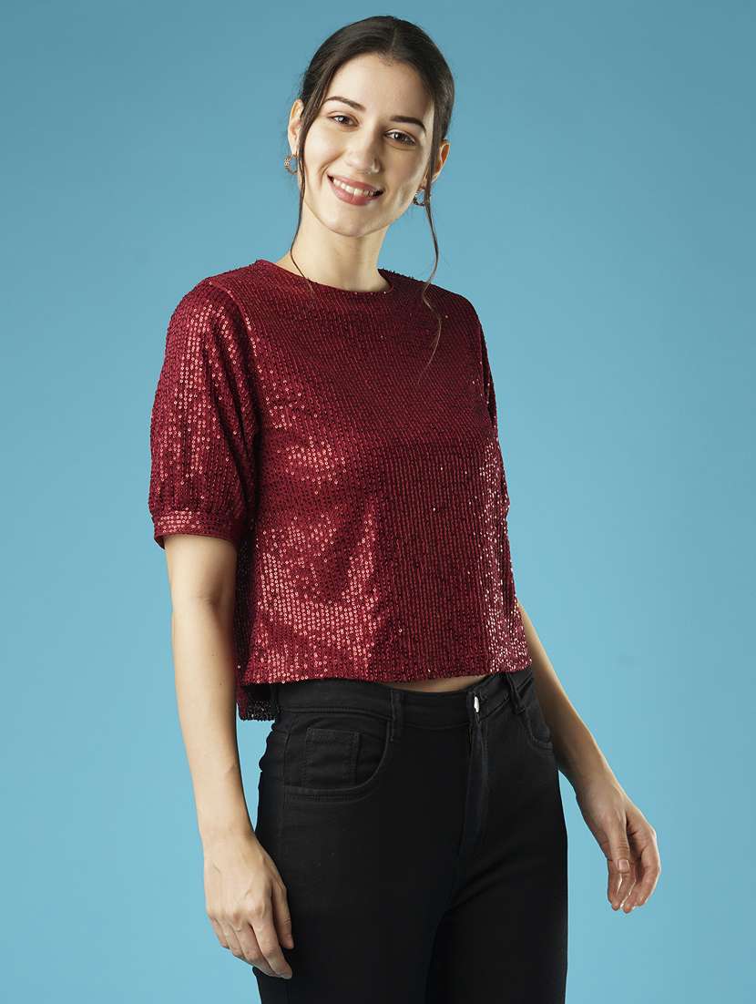 globus women maroon sequined striped puff slevee party top - 21379010 -  Standard Image - 1