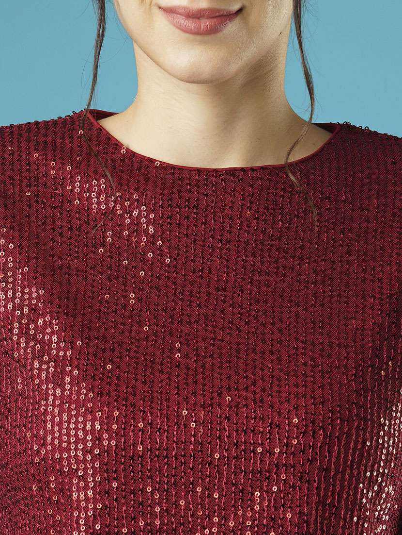 globus women maroon sequined striped puff slevee party top - 21379010 -  Standard Image - 4