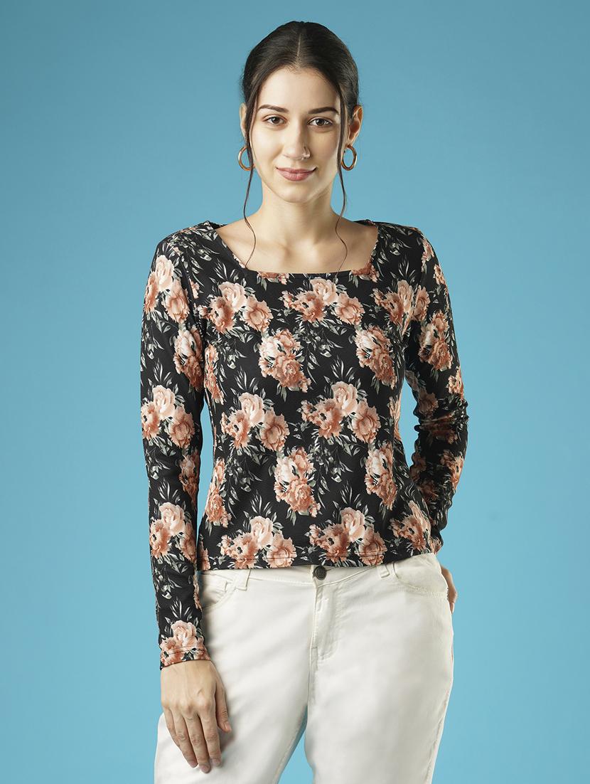 globus women black sqaure neck overall floral print top - 21379012 -  Zoom Image - 0