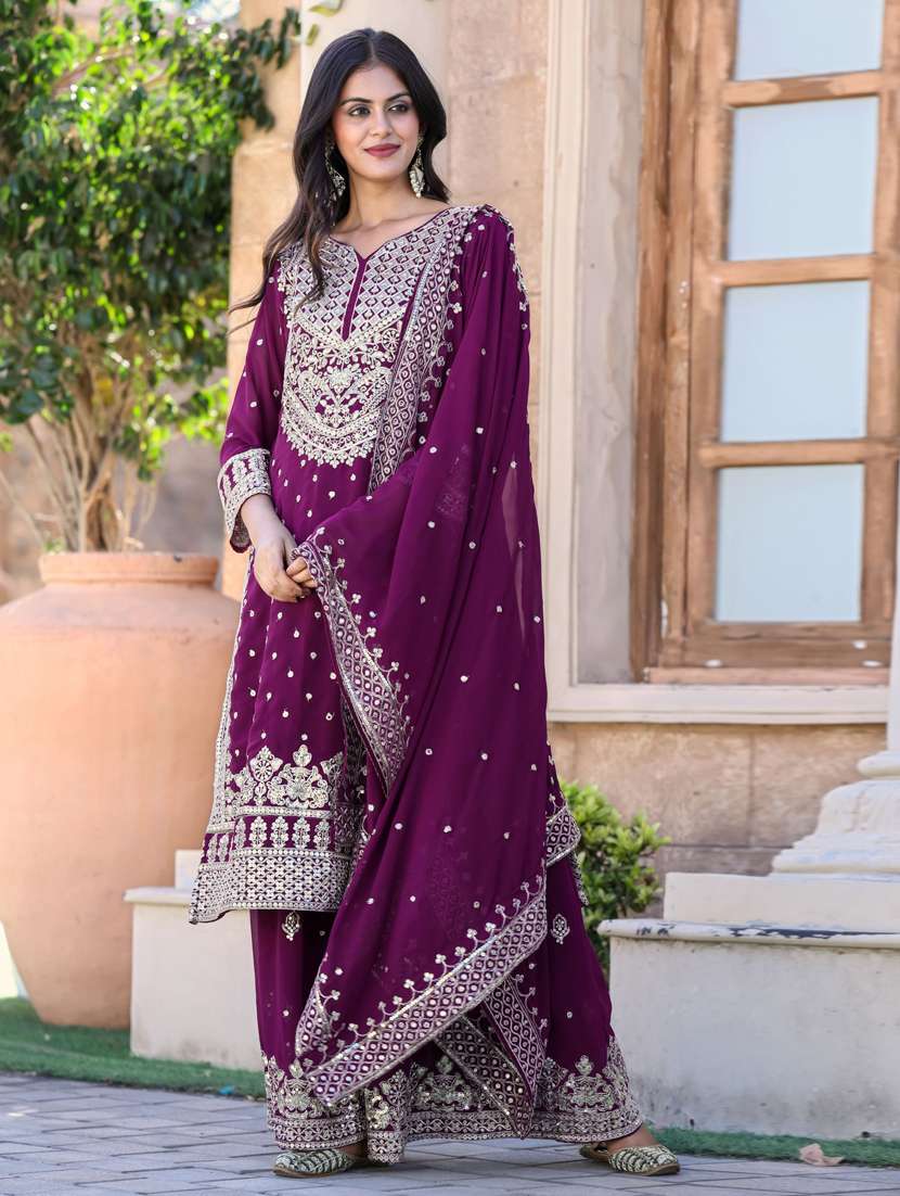 women embroidered three quarter sleeve kurta sharara set - 21381136 -  Standard Image - 1