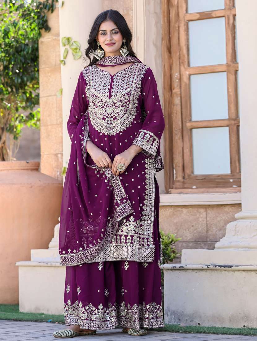 women embroidered three quarter sleeve kurta sharara set - 21381136 -  Standard Image - 4