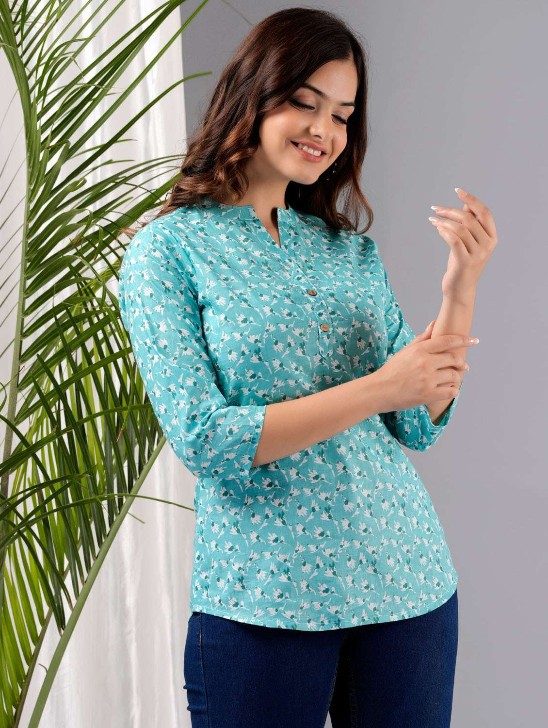 women three quarter sleeve a-line kurti - 21381391 - Standard Image - 1