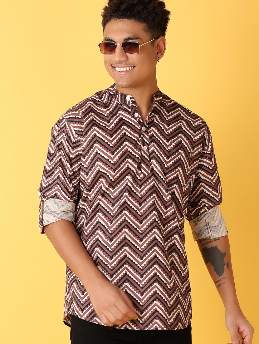 men mandarin neck printed short kurta - 21381871 -  Standard Image - 1