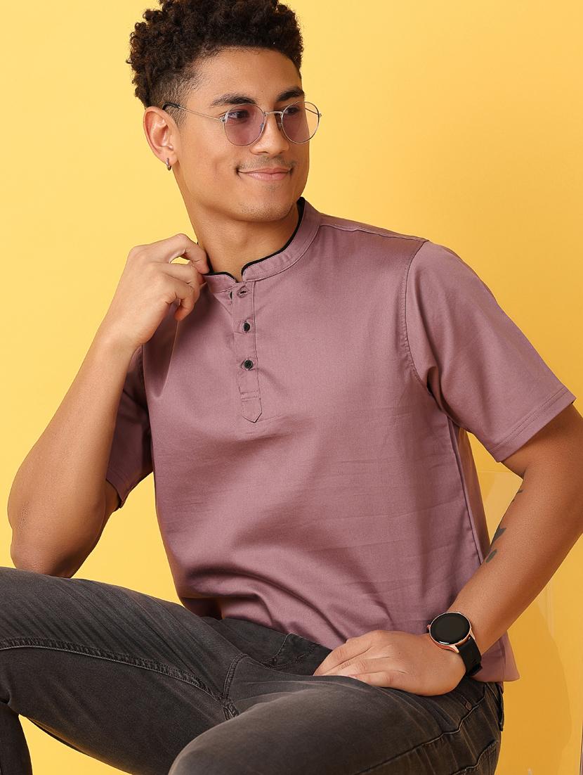 men mauve regular fit plain mandarin neck t-shirt - 21381899 - Standard Image - 1