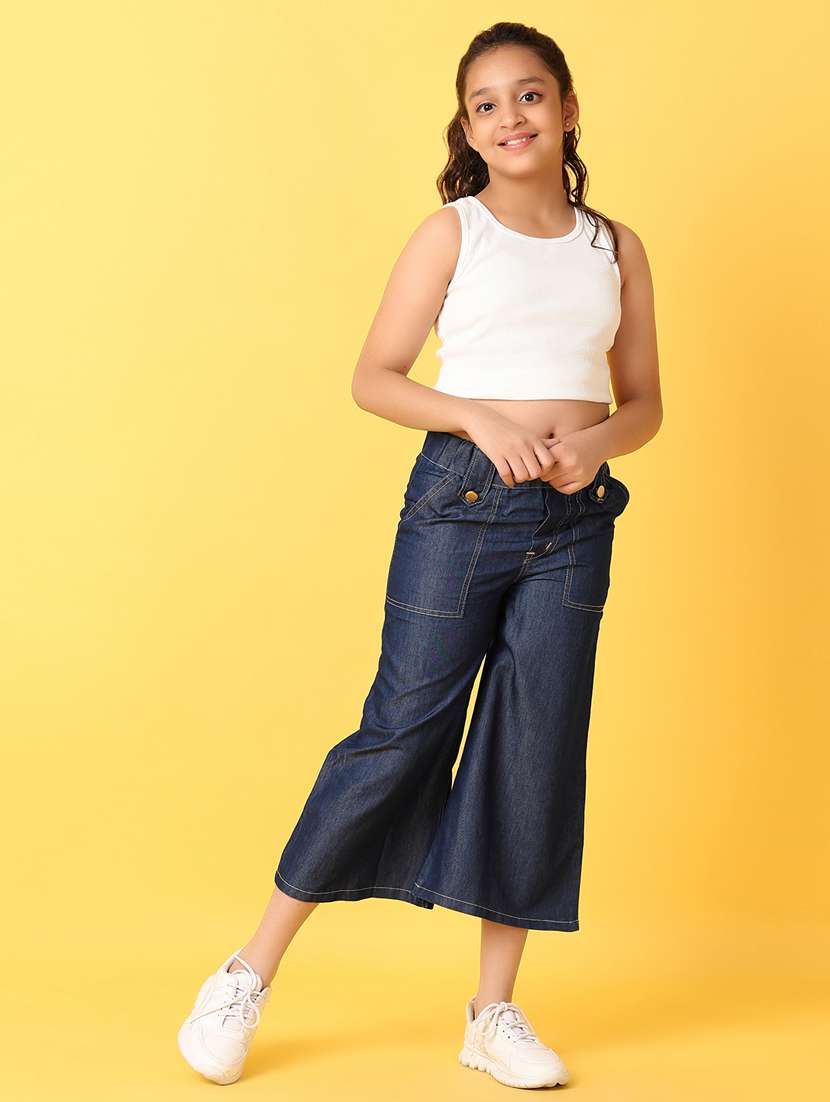 girls solid culottes trouser with elasticated waist - 21381946 -  Standard Image - 4