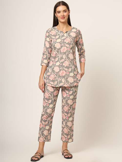 women grey florals printed nightwear pyjama set - 21382228 -  Standard Image - 0