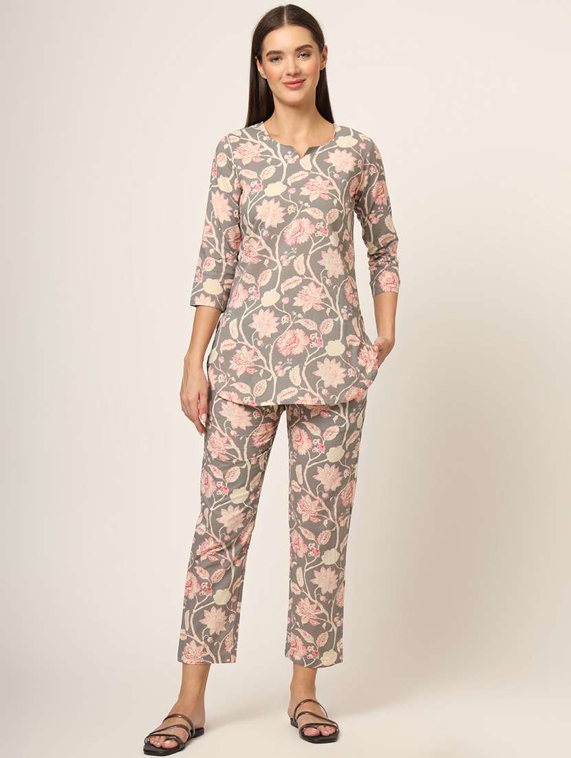 women grey florals printed nightwear pyjama set - 21382228 -  Zoom Image - 0