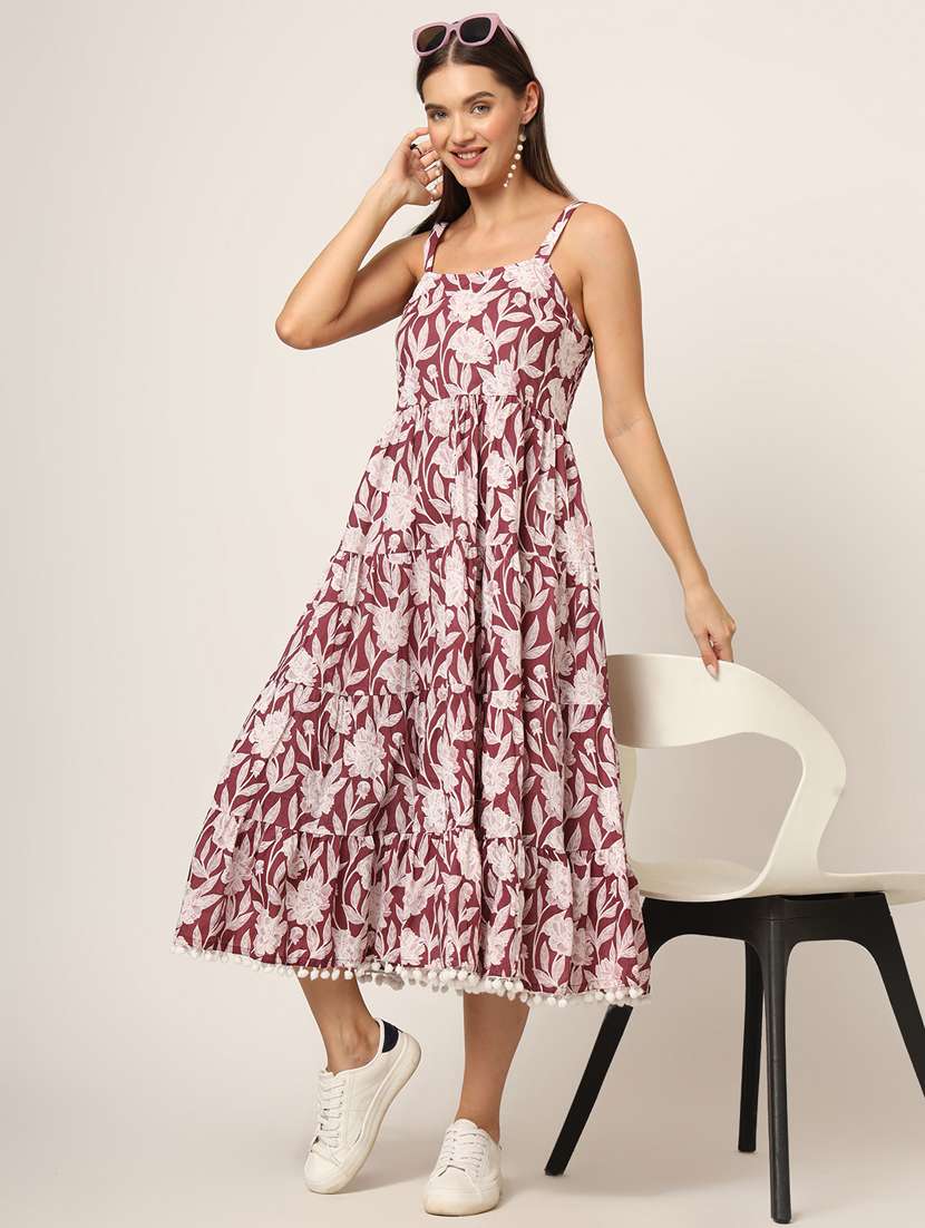 women mauve florals printed fit & flare ethnic dress