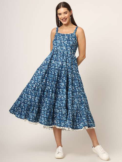 Women Blue Florals Printed Fit & Flare Ethnic Dress