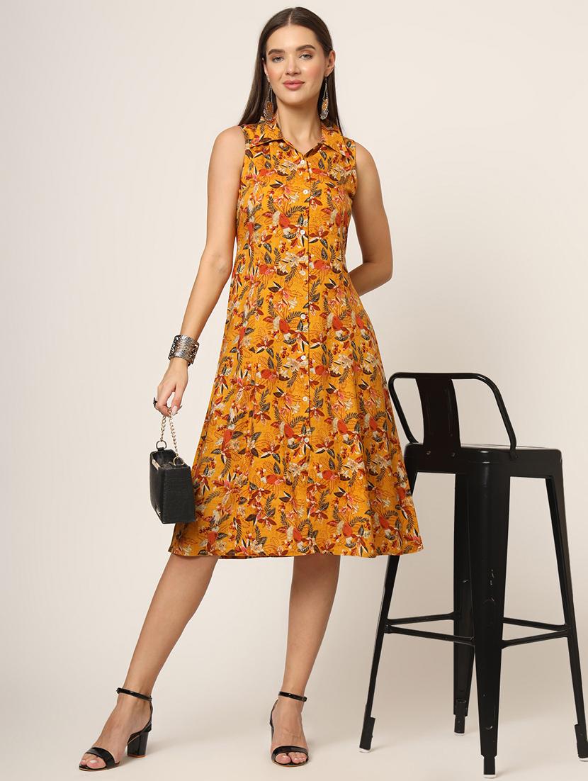 women yellow florals printed a-line ethnic dress