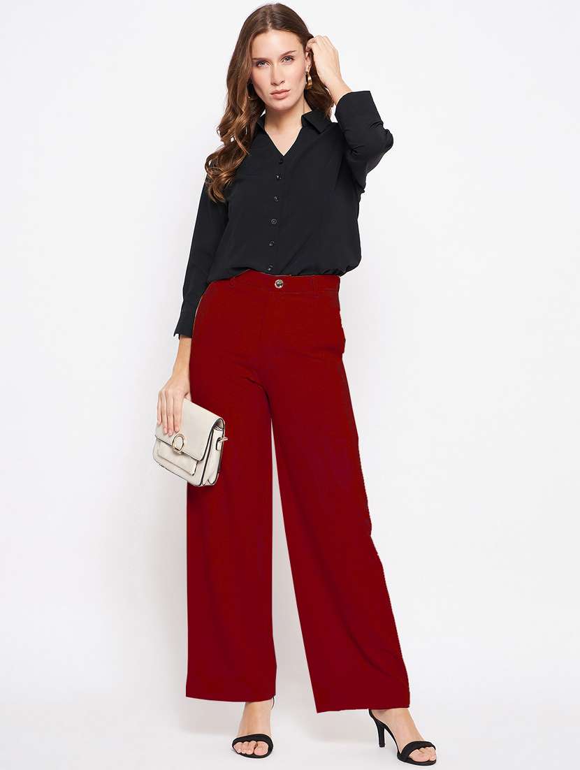 women maroon solids wide leg trouser - 21382264 -  Standard Image - 4