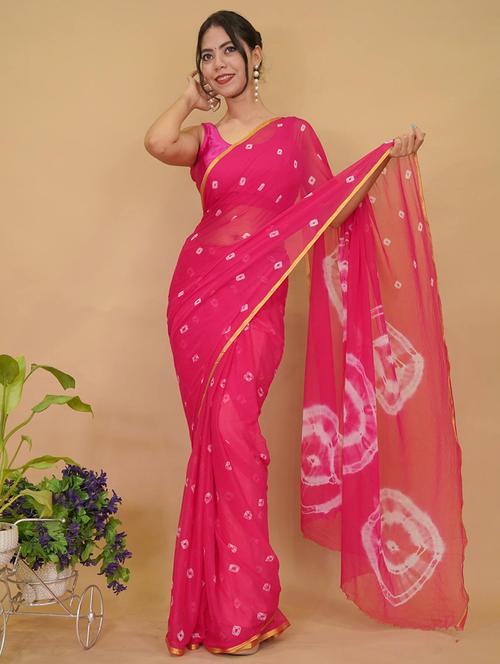 pink bandhani printed saree with blouse - 21382383 - Standard Image - 0