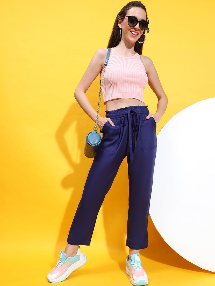 women blue solids tailored pants - 21382387 - Standard Image - 4