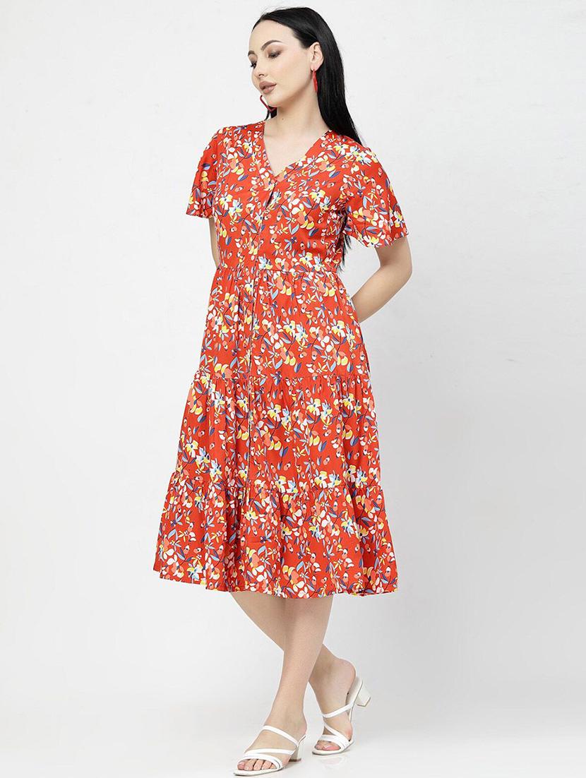 orange printed fit & flare dress - 21382460 - Standard Image - 1