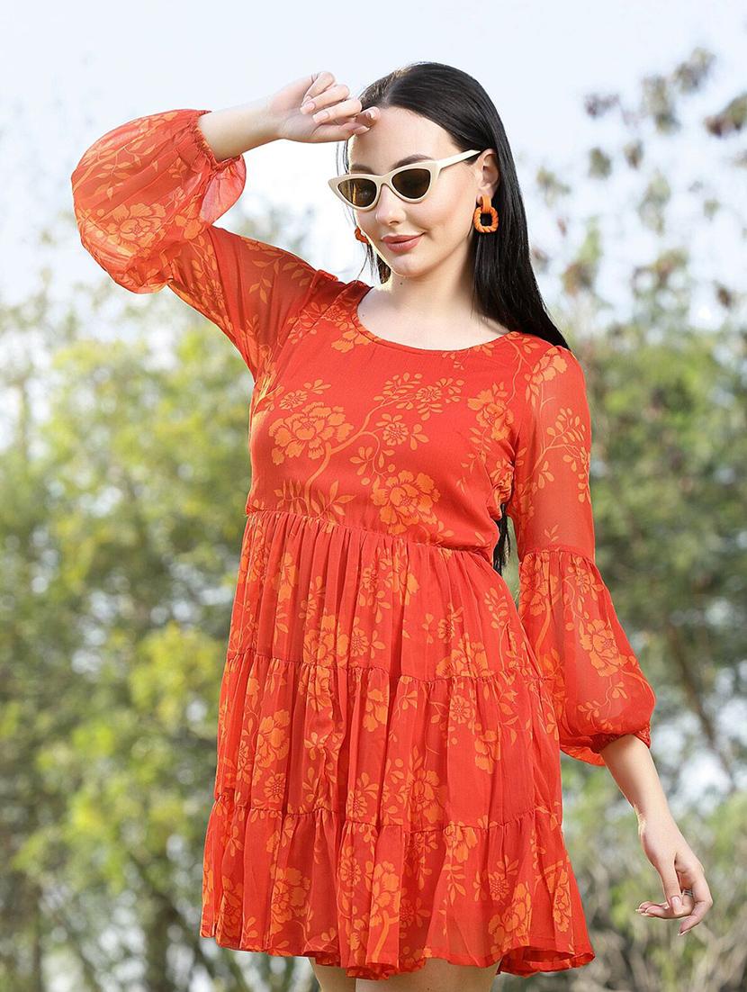 orange printed fit & flare dress - 21382466 - Standard Image - 1