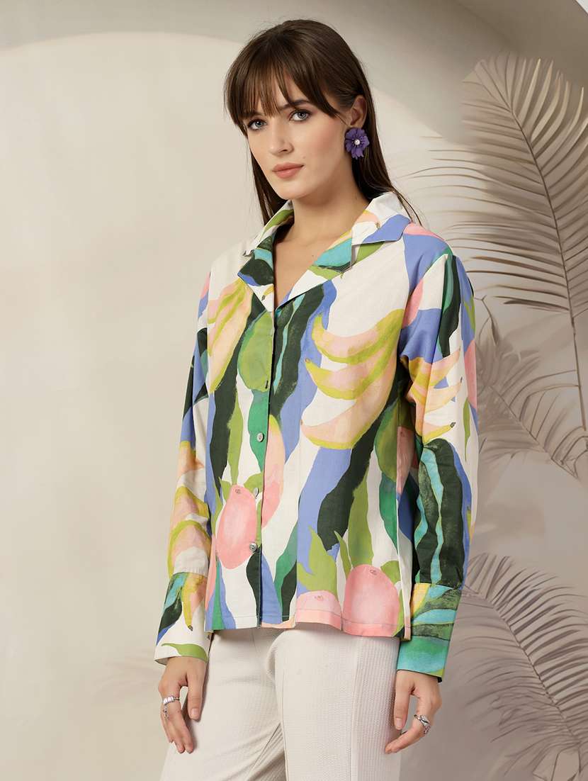 women printed collared puff sleeves shirt - 21382567 - Standard Image - 1