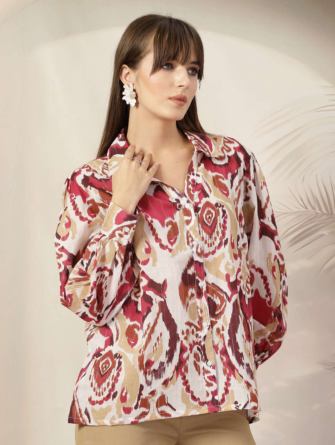 women printed collared puff sleeves relaxed fit shirt - 21382573 -  Standard Image - 1
