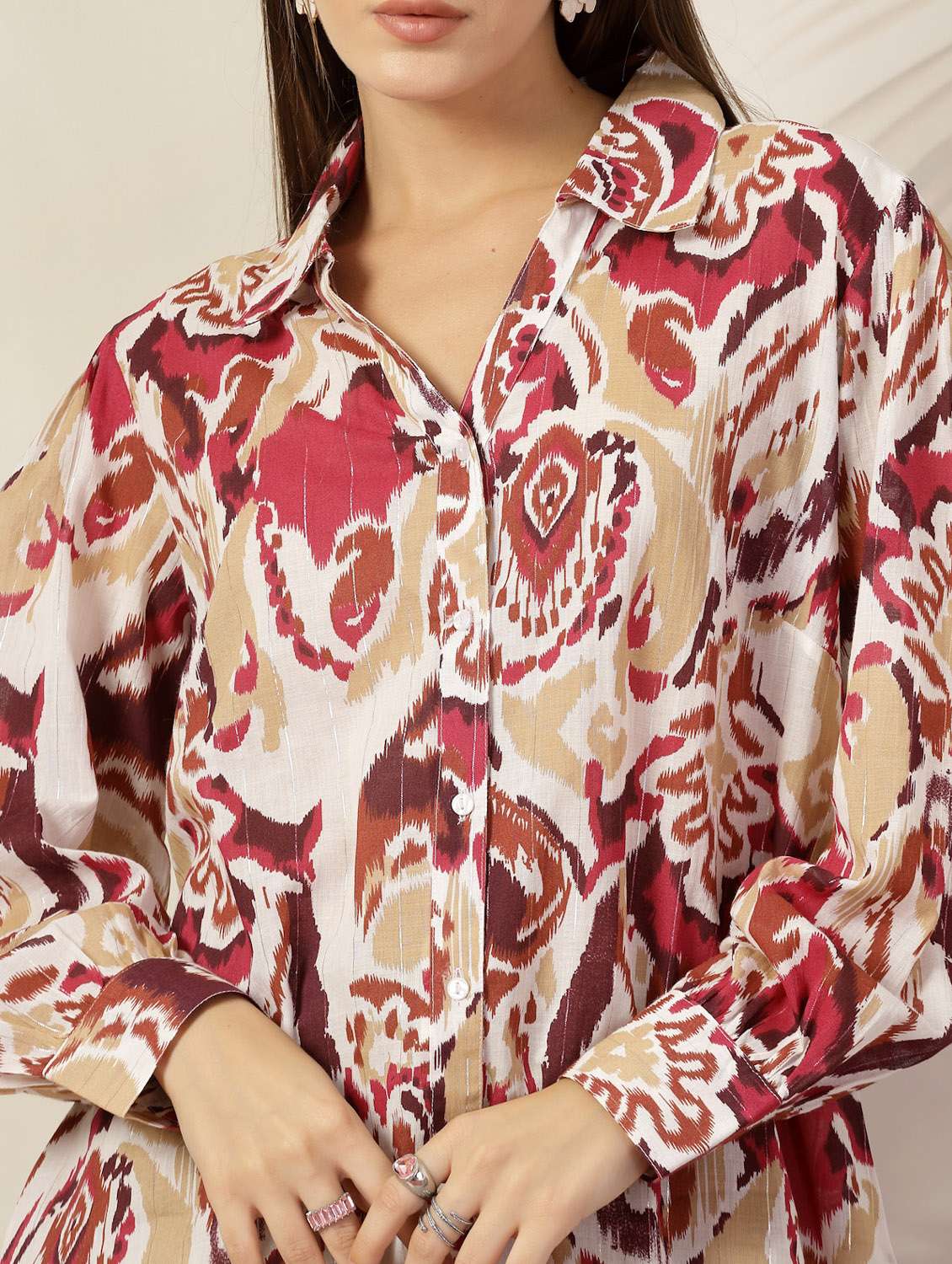 women printed collared puff sleeves relaxed fit shirt - 21382573 - Standard Image - 6