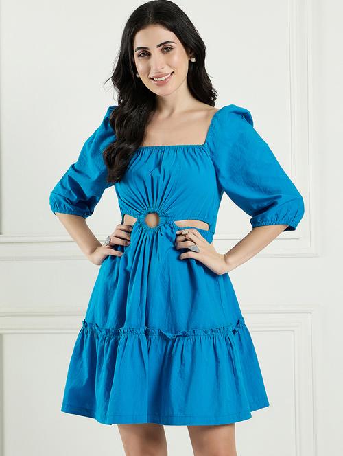 women solid puff sleeves tiered dress - 21382584 - Standard Image - 0