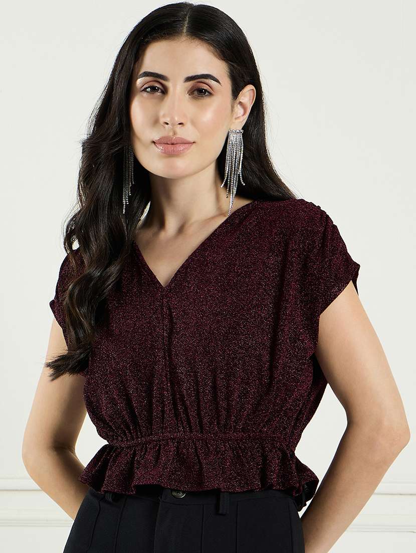 women maroon polyester peplum top